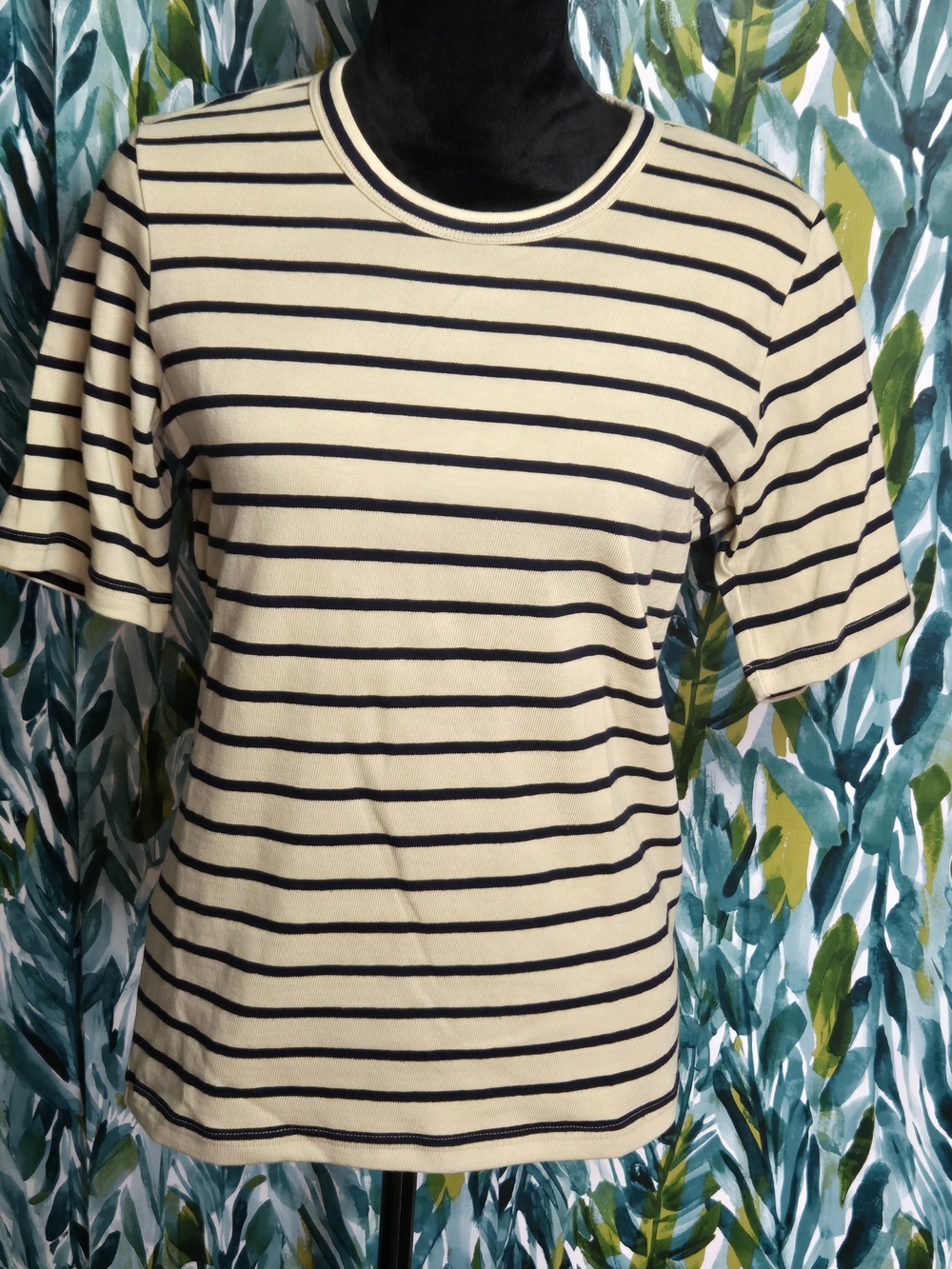 AYR The Matinee Tee Sandstone Stripe Cream Khaki Black Short Sleeve Cotton L